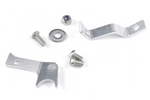 A collection of small silver metal mounting hardware including two different bracket styles, three bolts, one flat washer, and one nut.