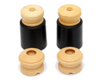 A close-up view of two assembled suspension components from the Dinan kit. Each unit features a cylindrical black accordion-style rubber boot topped with a dense, cream-colored foam progressive bump stop, designed to improve handling and ride quality for the BMW 230i / M240i / 228i & M235i.