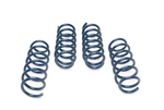 A set of four blue automotive suspension coil springs, featuring two taller, narrow springs and two shorter, wider springs, all with a blue powder-coated finish.