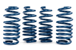 A close-up view of four blue coil springs standing side-by-side, showing the thick metal winding.