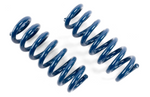Two dark blue coil springs lying horizontally parallel to each other on a white surface.
