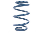 A single dark blue performance coil spring standing vertically with fewer, wider-spaced coils on a white background.
