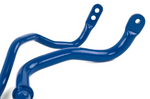 A close-up view of the curved ends of two blue anti-roll bars, showing the mounting points and pre-drilled holes.