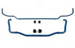 A complete kit featuring two blue metal anti-roll bars and four black rubber bushings on a white background.