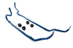 A complete kit featuring two blue metal anti-roll bars and four black rubber bushings on a white background.