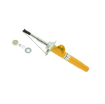 A single yellow automotive strut with a silver piston rod, shown alongside mounting hardware including a white adjustment knob, a nut, and two washers on a white background.