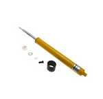 A yellow automotive strut insert with a silver piston rod, shown alongside mounting hardware including a white adjustment knob, two washers, a black screw, and a black cylindrical sleeve on a white background.