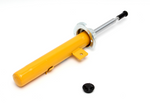 A single yellow automotive strut with a silver piston rod, featuring a black cap on the rod tip and a separate black adjustment knob on a white background.