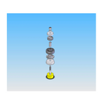 A technical diagram showing an exploded view of automotive shock mount components, including a nut, washers, and various bushings, arranged vertically above a yellow shock absorber tip on a blue gradient background.