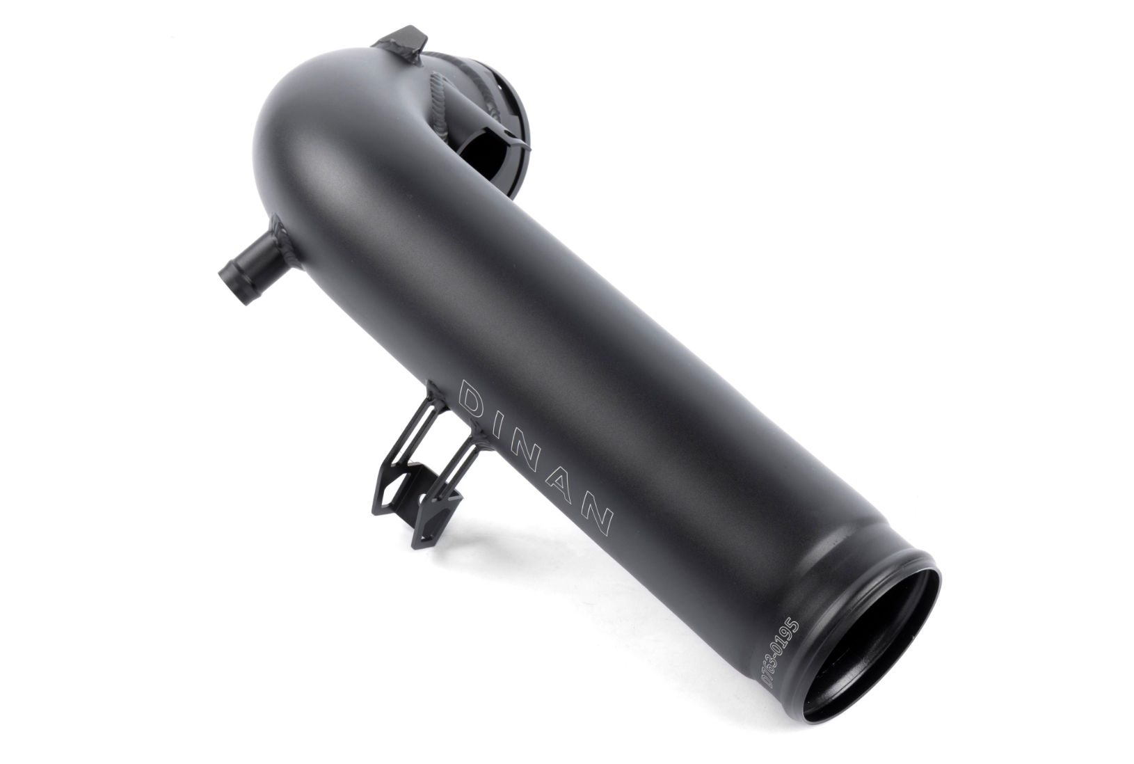 An angled view of the carbon fiber intake pipe, showing one of the open ends and the internal texture of the carbon fiber construction.