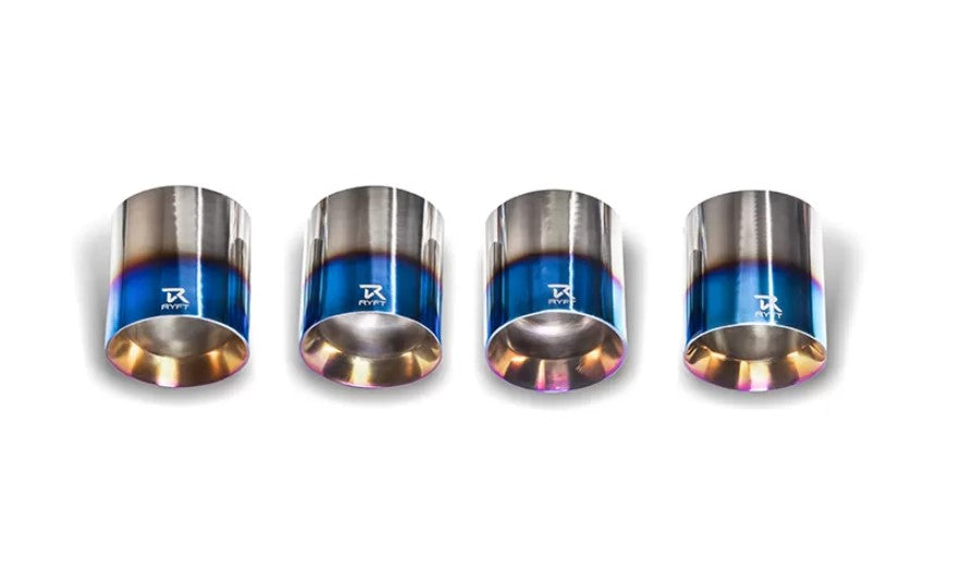 A top view of exhausts tips of the RYFT Titanium Performance Exhaust System Chevrolet C8 Z51 2020+ with white background