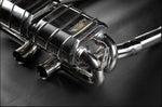 close view of Capristo Valved Exhaust System for Aston Martin V12 Vantage 2022+ with black background