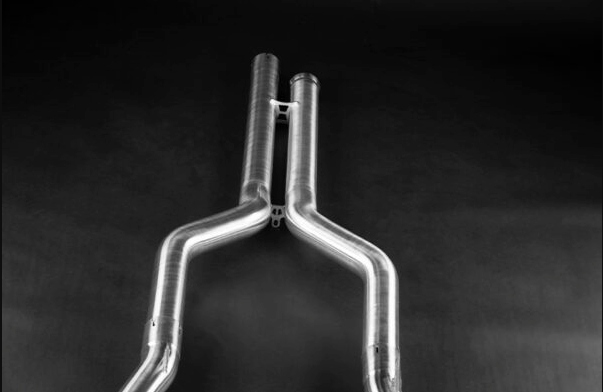 close view of Capristo Valved Exhaust System for Aston Martin V12 Vantage 2022+ with black background