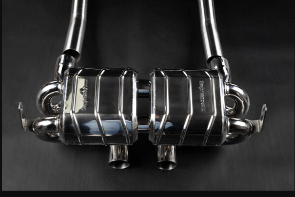 close view of Capristo Valved Exhaust System for Aston Martin V12 Vantage 2022+ with black background