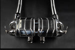 close view of Capristo Valved Exhaust System for Aston Martin V12 Vantage 2022+ with black background