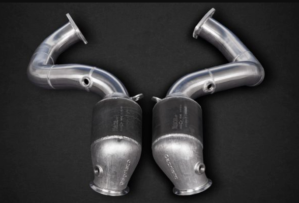 wide view of Capristo 100 Cell Sports Cat Downpipes (with Heat Blankets) for Aston Martin V12 Vantage AE31 2022+ with black background