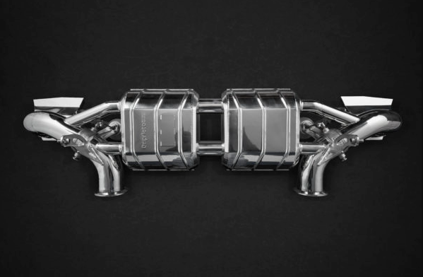 wide view of Capristo ECE Valved Exhaust (CES3) for Audi R8 (Gen2) 2015+ with black background
