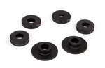 A collection of automotive hardware including, four black flat circular bushings, and two black contoured circular bushings, all arranged on a white background.