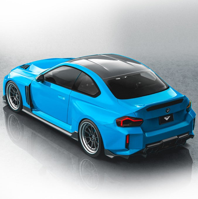 A side wide view of Vorsteiner VRS BMW G87 M2 Aero Bootlid Carbon Fiber PP 2x2 Glossy fitted on a blue car