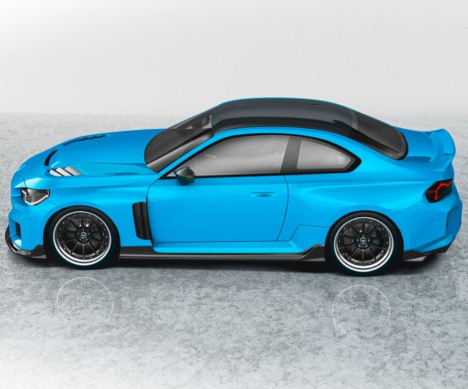 A side view of Vorsteiner VRS BMW G87 M2 Aero Vented Fenders with Side Skirts Carbon Fiber PP 2x2 Glossy with grey background fitted on a blue car