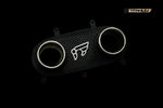 A front wide view of the silver tips of the IPE SS Titanium Cat-Back Exhaust System for Ferrari 458 Italia / Spider 2010-2015 with black background