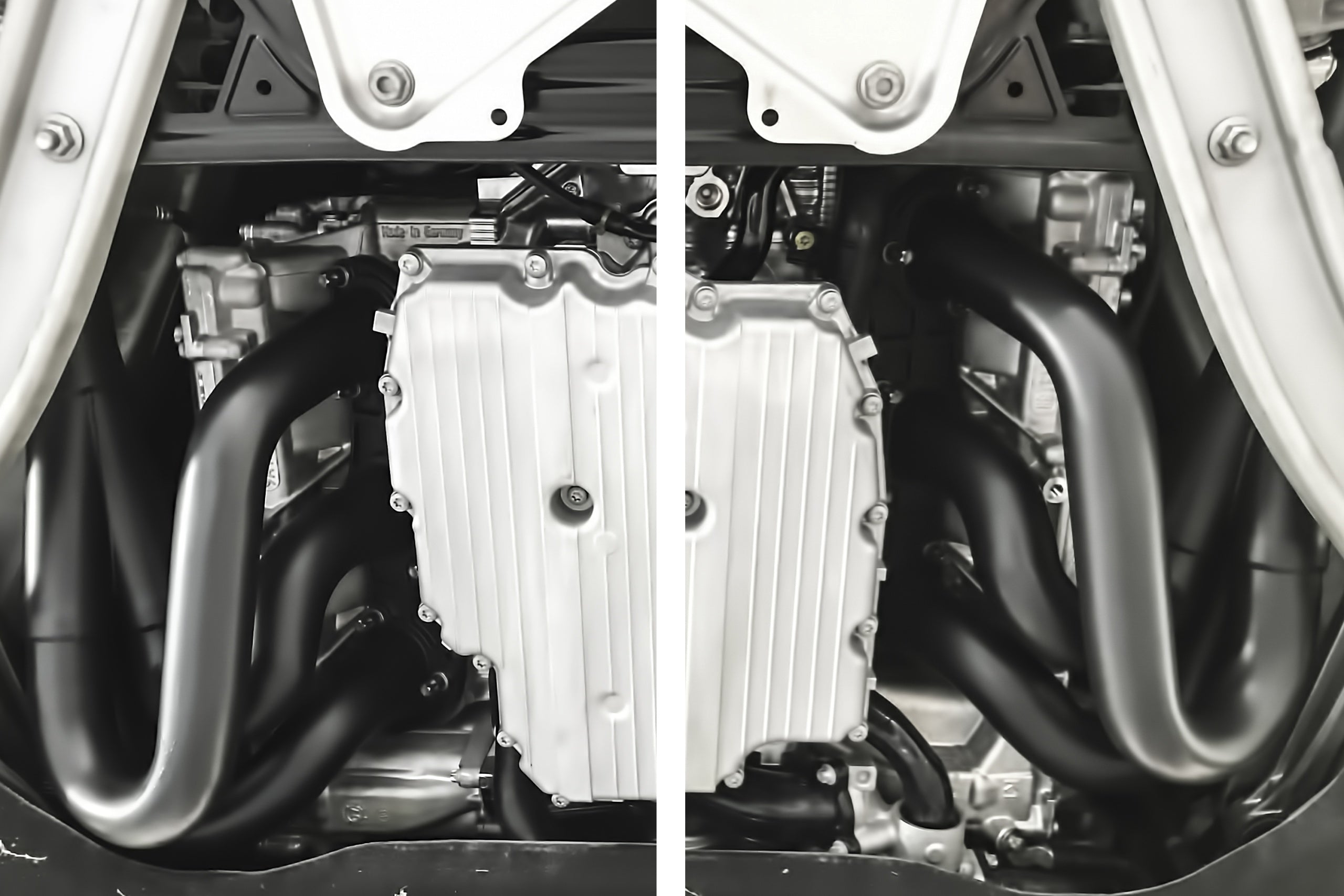 Soul 981 Boxster / Cayman competition headers: headers installed beside the oil pan
