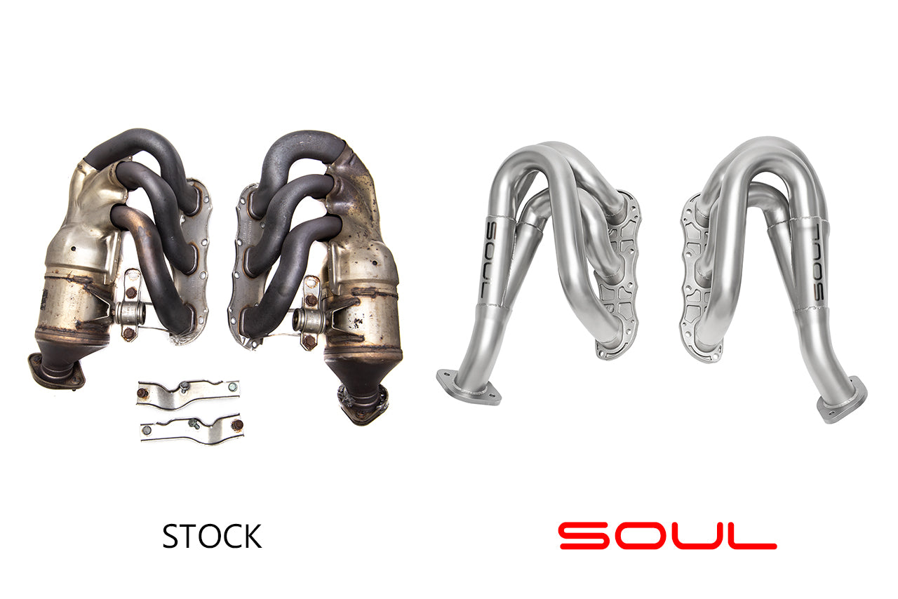 Soul 981 Boxster / Cayman competition headers: stock headers beside the SOUL competition headers