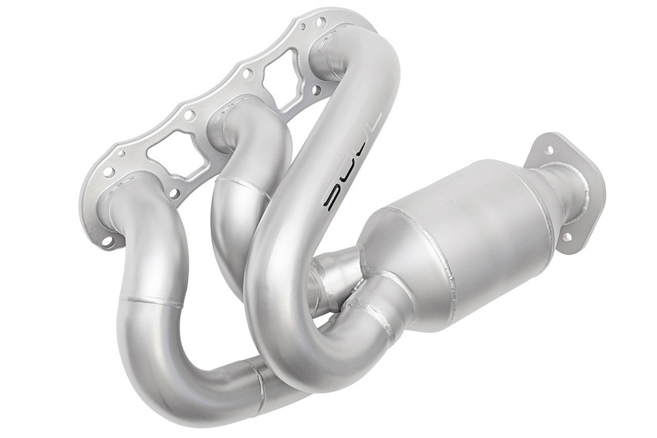 Soul 981 Boxster / Cayman long tube street headers: street header with sport cat, angled view