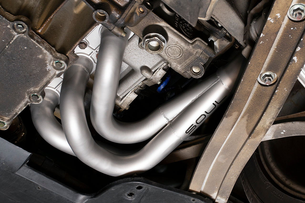 Soul 986 Boxster competition exhaust package: headers installed, view from below