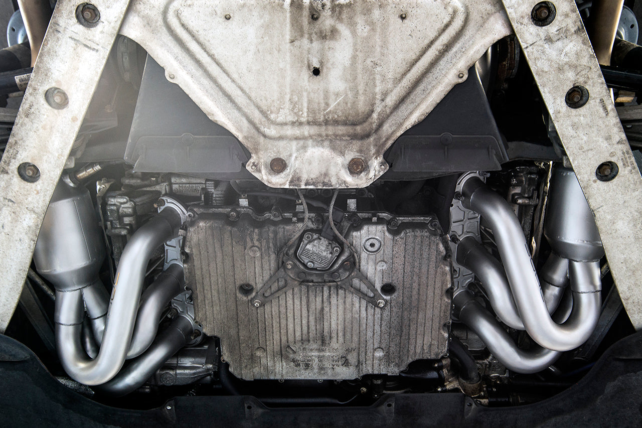 Soul 987.2 Boxster / Cayman long tube street headers: street headers installed, view from below