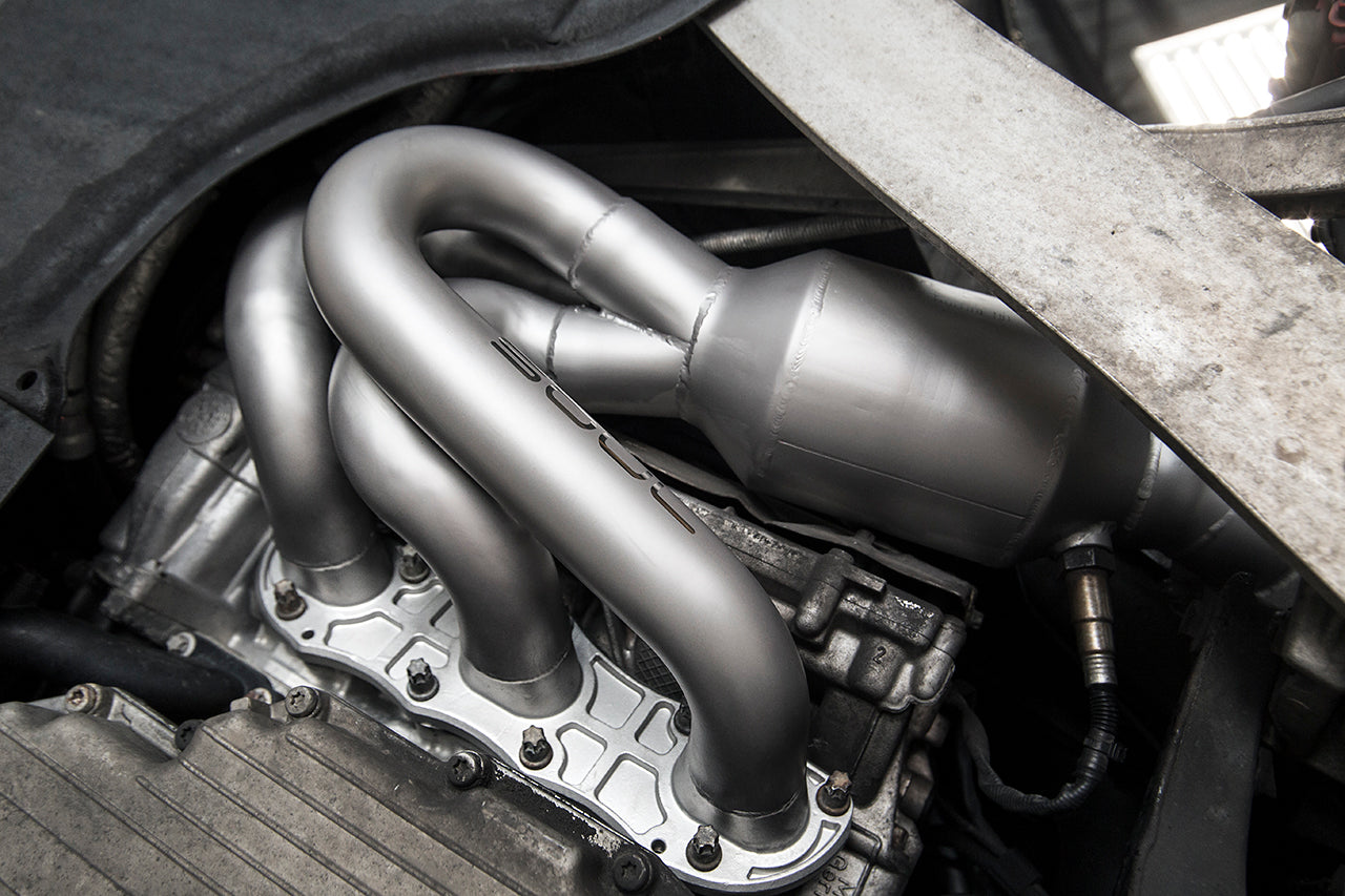 Soul 987.2 Boxster / Cayman long tube street headers: street headers installed, close view