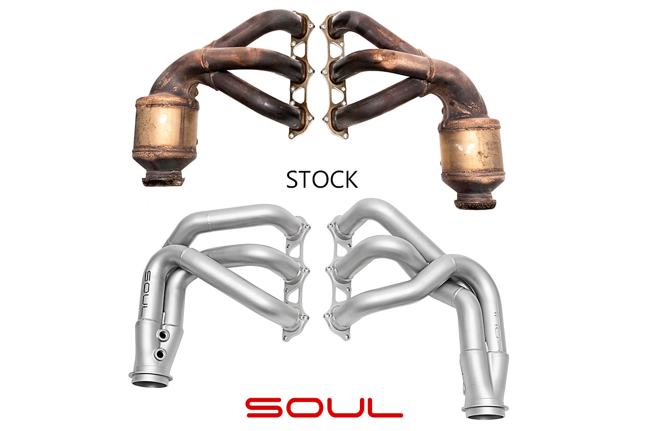 Soul 991 GT3 / GT3 RS competition headers: stock headers beside the SOUL competition headers