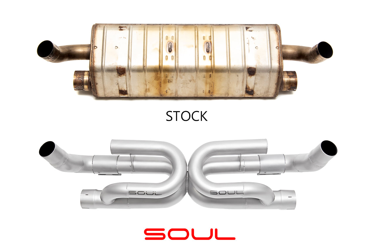 Soul 991.2 Carrera non-PSE street package: stock muffler above the SOUL performance exhaust