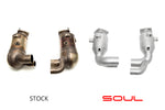 Soul 991.2 Carrera PSE sport cats / cat bypass pipes: stock cats beside the SOUL sport cats