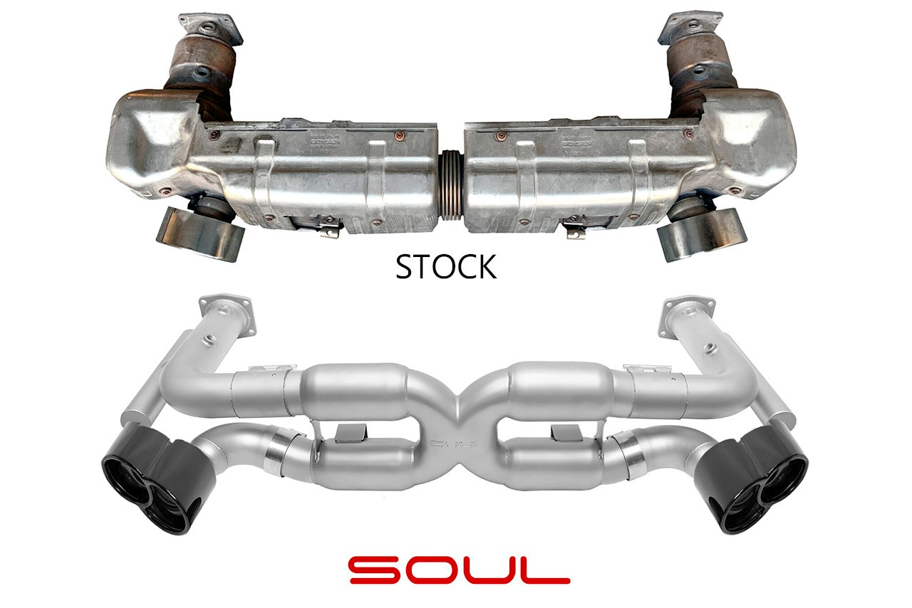 Soul 996 Turbo competition x-pipe exhaust system: stock exhaust above the SOUL competition exhaust