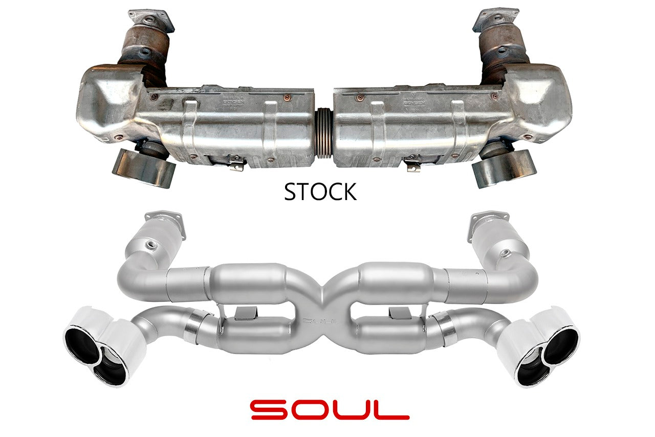 Soul 996 Turbo sport x-pipe exhaust system: stock exhaust above the SOUL sport X-pipe exhaust
