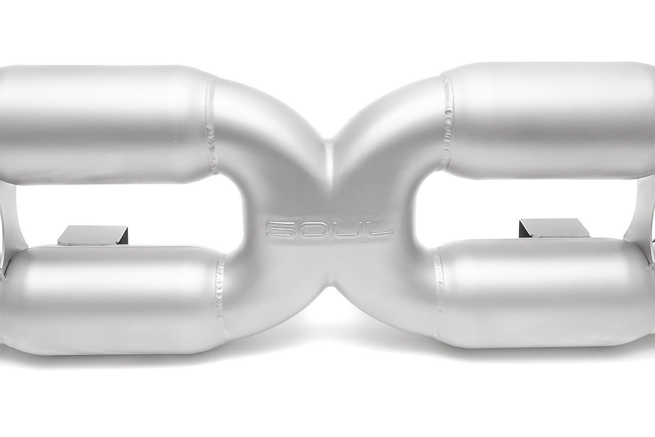 Soul 996 Turbo competition x-pipe exhaust system: close-up of the crossover chambers