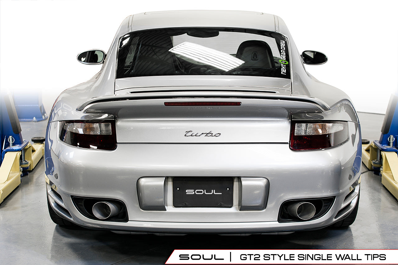 Soul 997.1 Turbo sport x-pipe exhaust system: silver 997.1 Turbo rear view with GT2-style tips