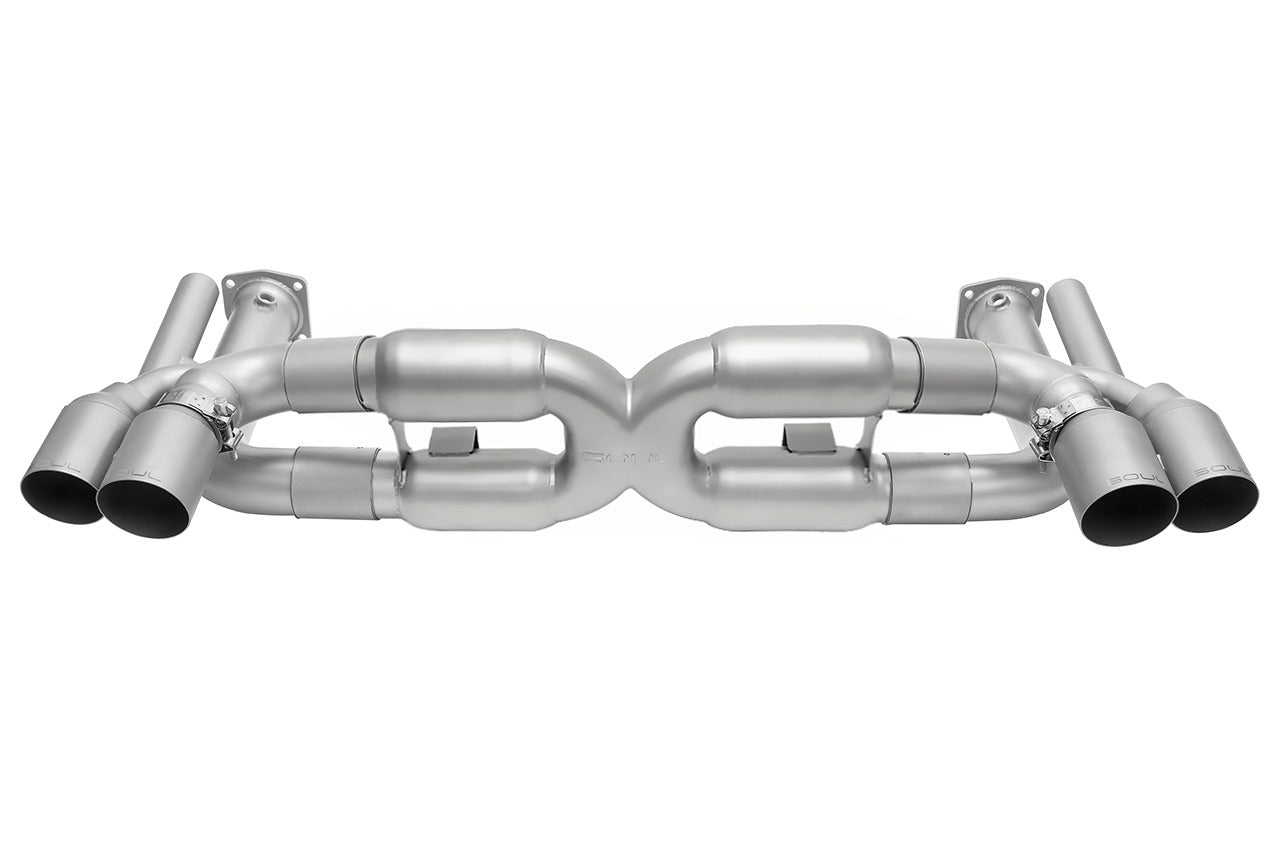 Soul 997.1 Turbo competition x-pipe exhaust system: competition exhaust, angled view