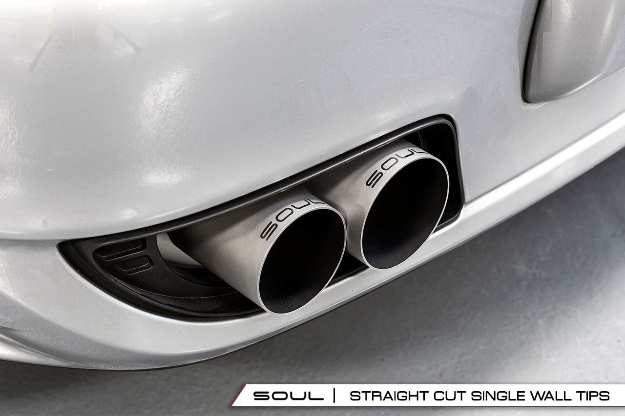 Soul 997.1 Turbo competition x-pipe exhaust system: close-up of straight-cut tips installed
