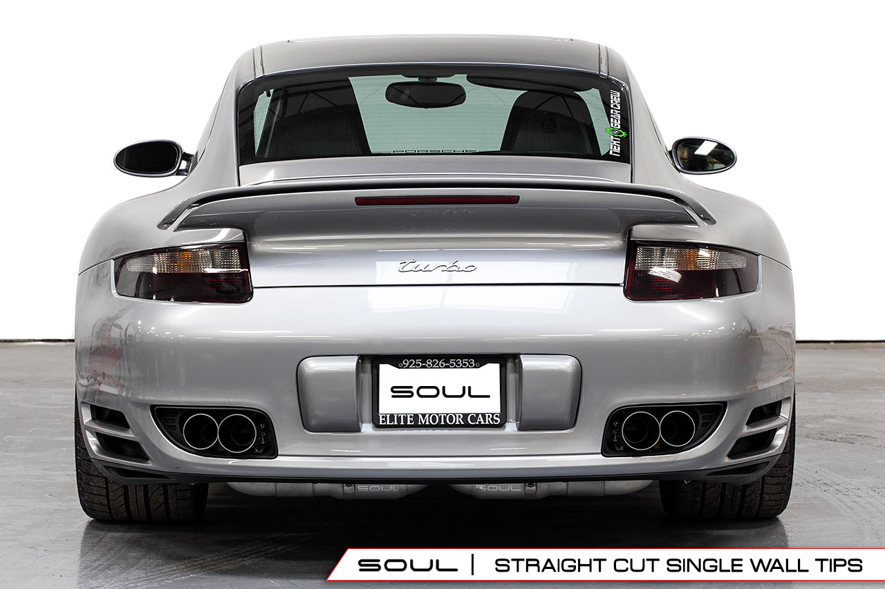 Soul 997.1 Turbo sport x-pipe exhaust system: silver 997.1 Turbo rear view with straight-cut tips
