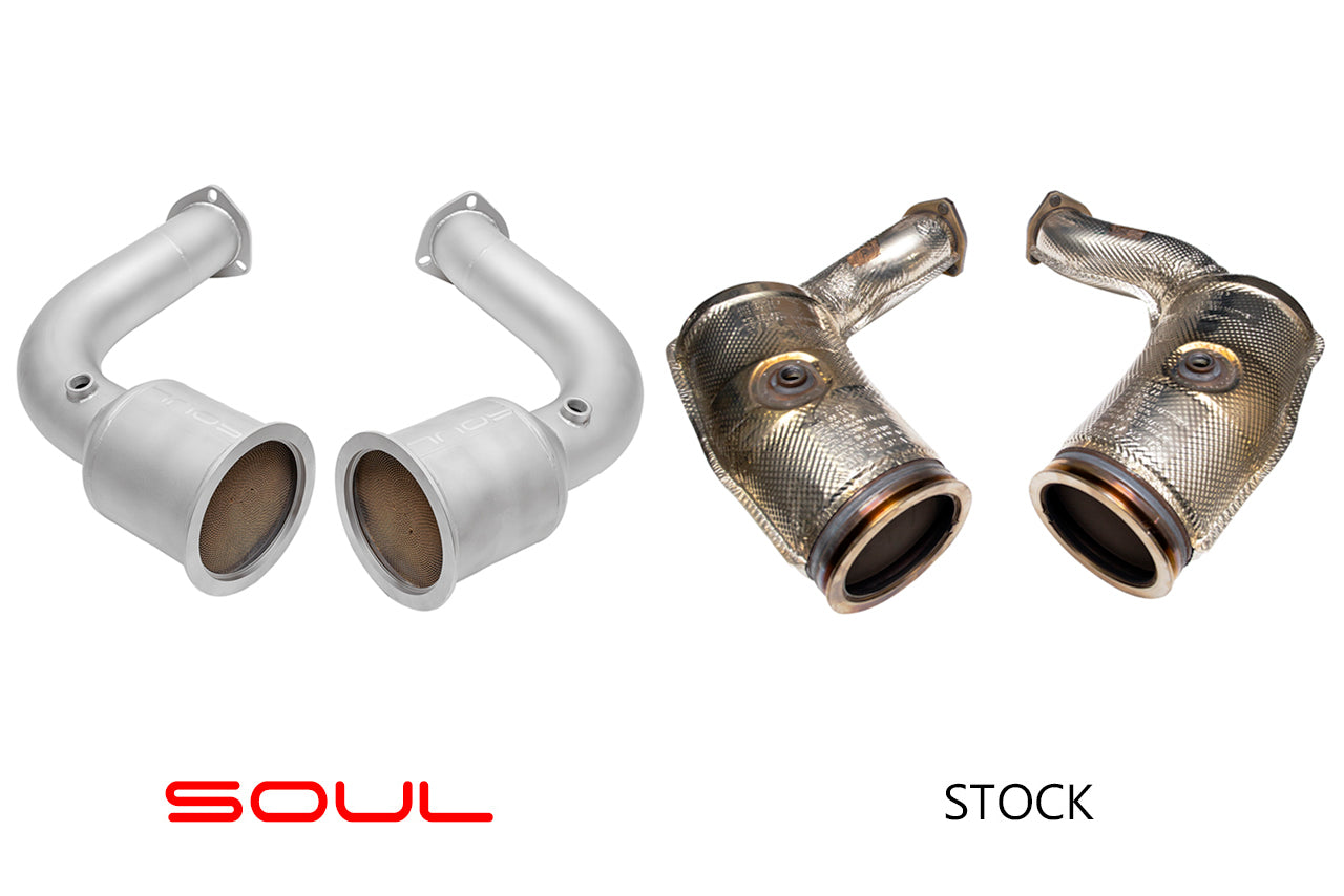 Soul RS Q8 catted / catless downpipes: SOUL catted downpipes beside the stock parts