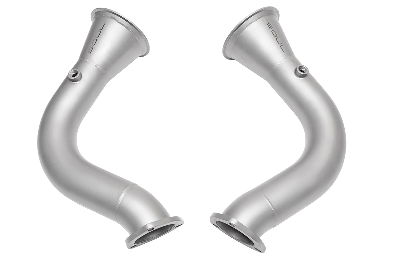 Soul RS Q8 catted / catless downpipes: pair of cat bypass pipes, side profile