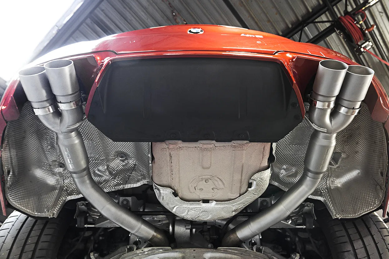Soul F10 M5 resonated muffler bypass exhaust: bypass exhaust installed, view from below