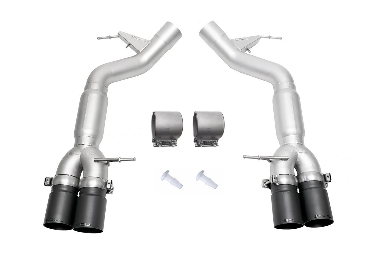 Soul F10 M5 resonated muffler bypass exhaust: bypass exhaust with black tips and hardware laid out