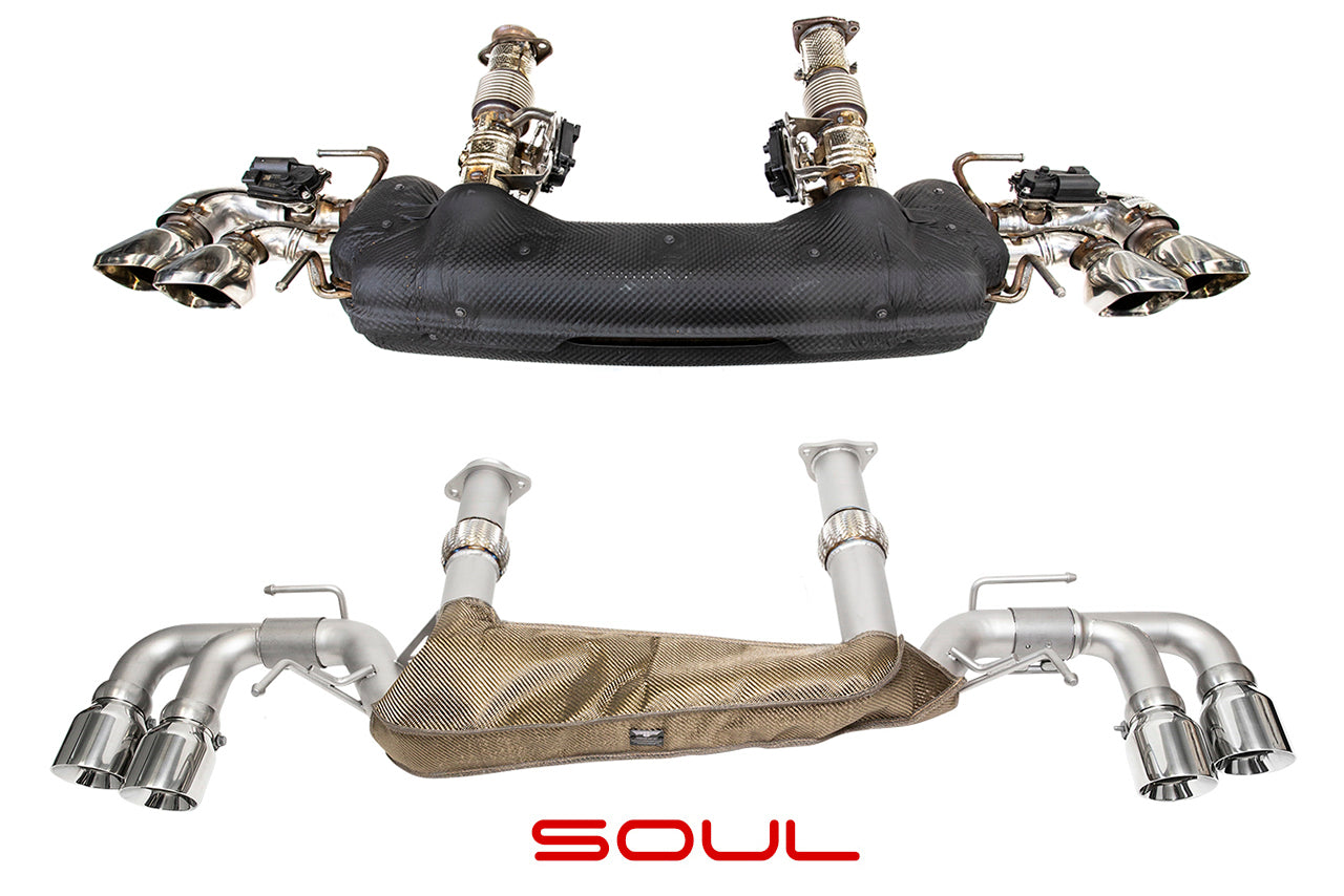 Soul C8 Corvette performance rear exhaust system: stock exhaust above the SOUL rear exhaust