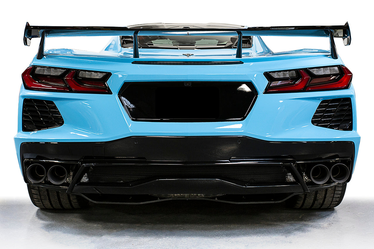 Soul C8 Corvette sport exhaust package: light blue C8 rear view with the exhaust installed