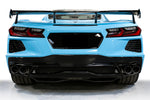 Soul C8 Corvette sport exhaust package: light blue C8 rear view with the exhaust installed