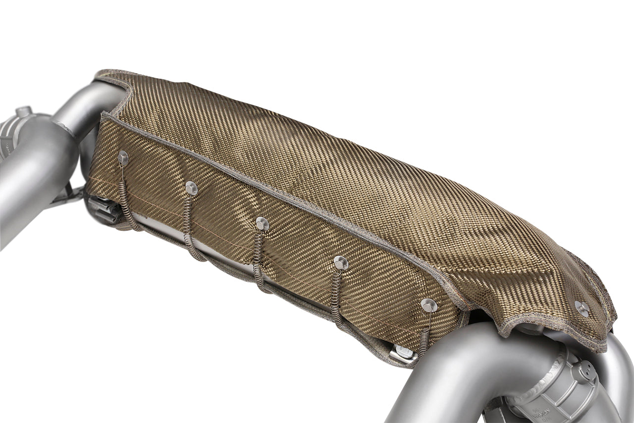 Soul C8 Corvette valved exhaust package: close-up of the heat wrap on the muffler