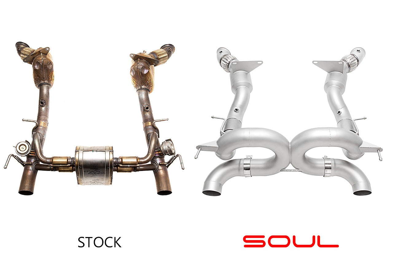 Soul 488 / 488 Pista 3.5″ performance exhaust systems: stock exhaust beside the SOUL system